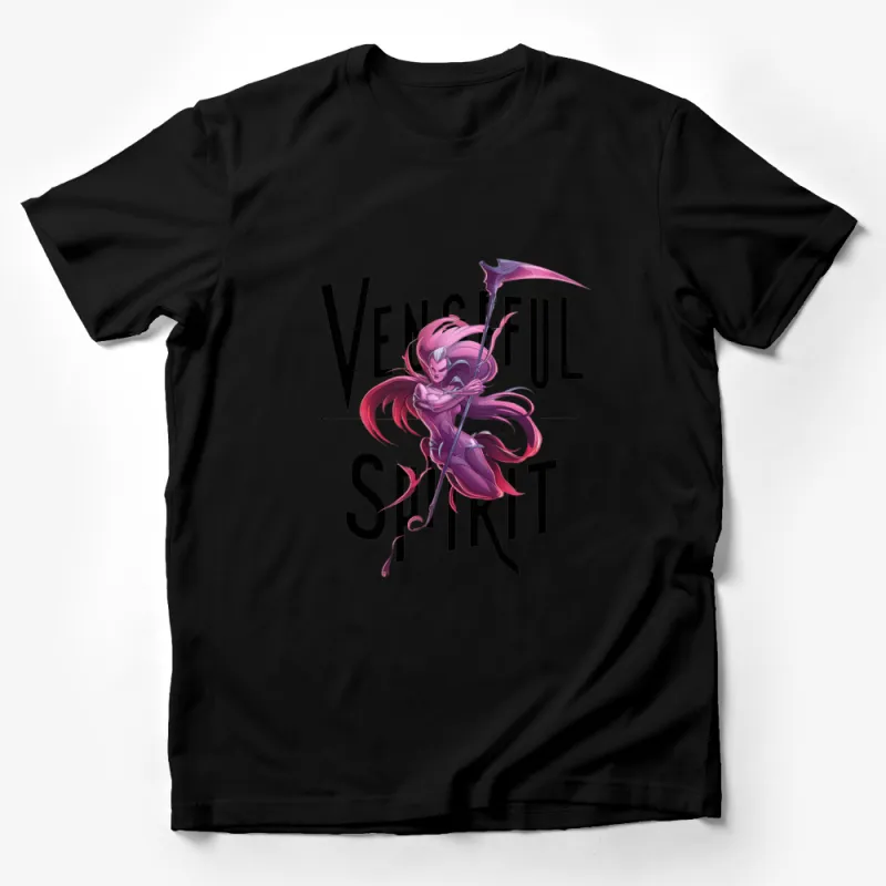 Vengeful Spirit Graphic Tee, Fantasy Art Warrior Woman with Spear, Purple and Black Shirt, Unique Gamer Apparel Male T-Shirt