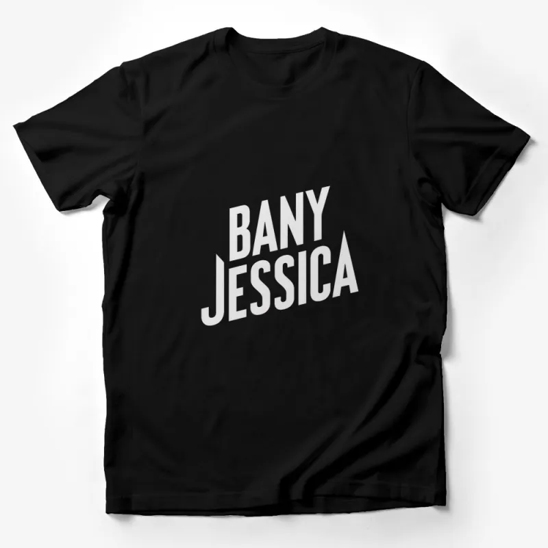 Jessica Bany Graphic T-Shirt, Bold White Text on Black Tee, Modern Style Casual Top Male T-Shirt