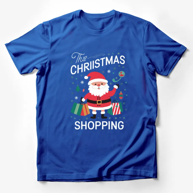 Festive Santa Christmas Shopping T-Shirt, Cute Holiday Santa with Gifts Graphic Tee, Winter Apparel Male T-Shirt