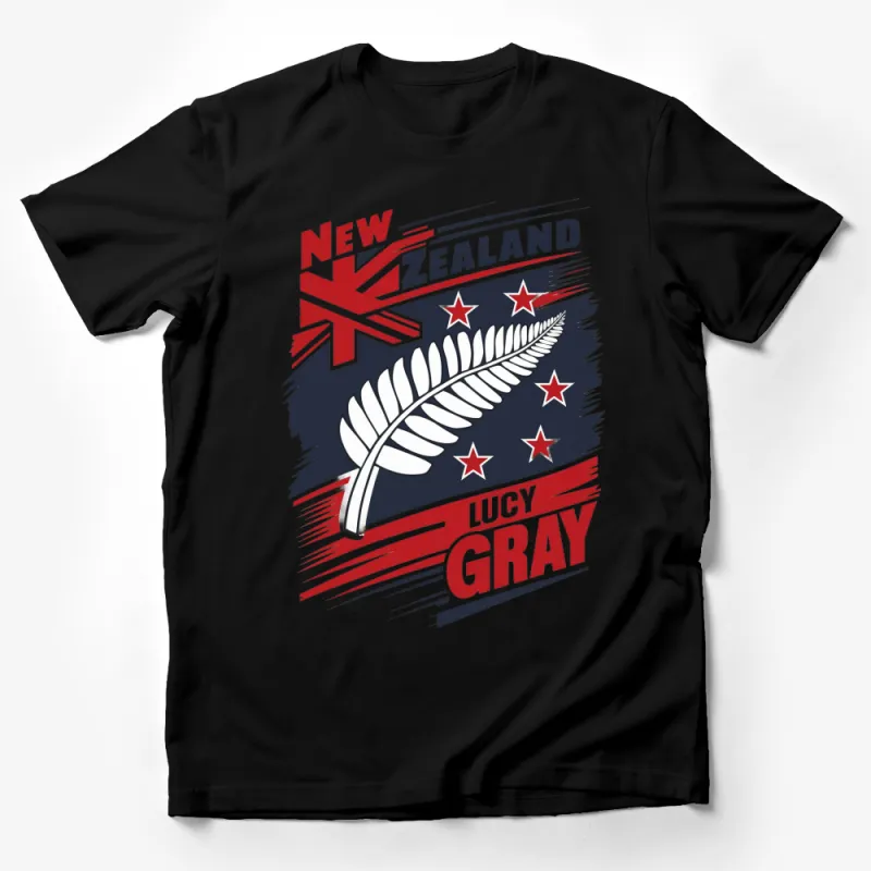 New Zealand Pride Lucy Gray T-Shirt, Red and Blue Graphic Tee, Fern and Stars Design Male T-Shirt