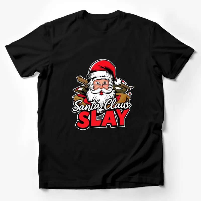 Santa Claus Slay T-Shirt, Christmas Holiday Tee, Funny Pun Graphic Shirt, Festive Apparel Male T-Shirt