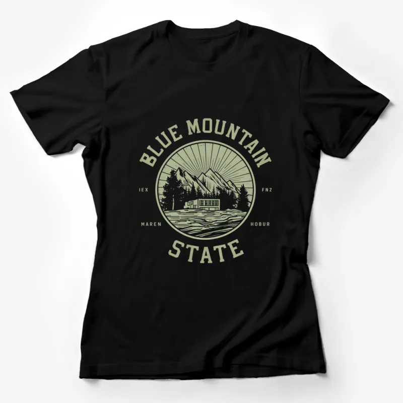 Blue Mountain State Graphic Tee, Nature Landscape T-Shirt, Vintage Style Cabin Lake Design Female T-Shirt