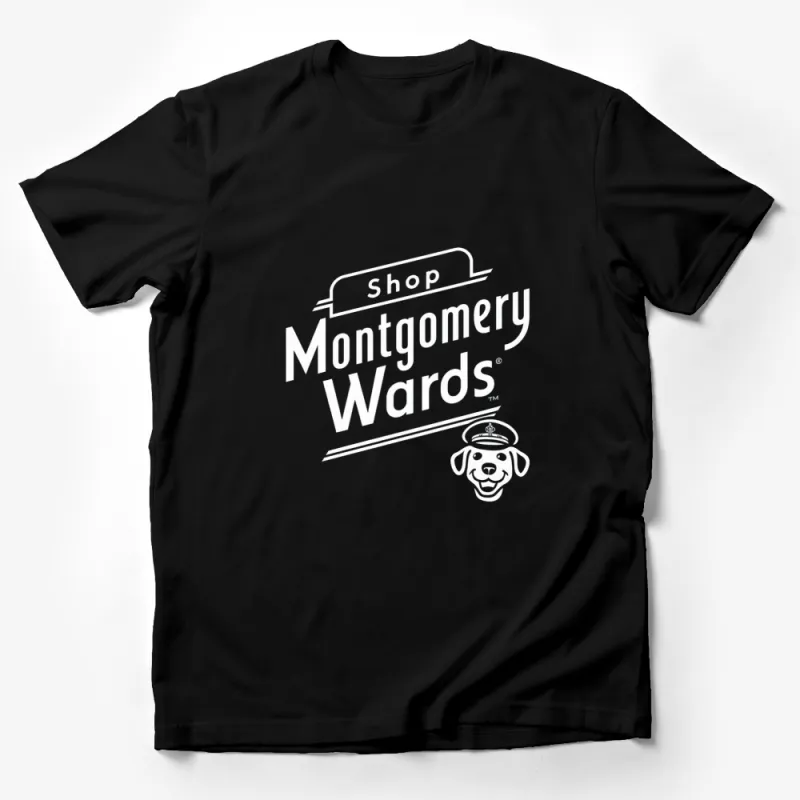 Montgomery Wards Shop Logo T-Shirt, Vintage Company Graphic Tee, Black and White Dog Design Casual Wear Male T-Shirt