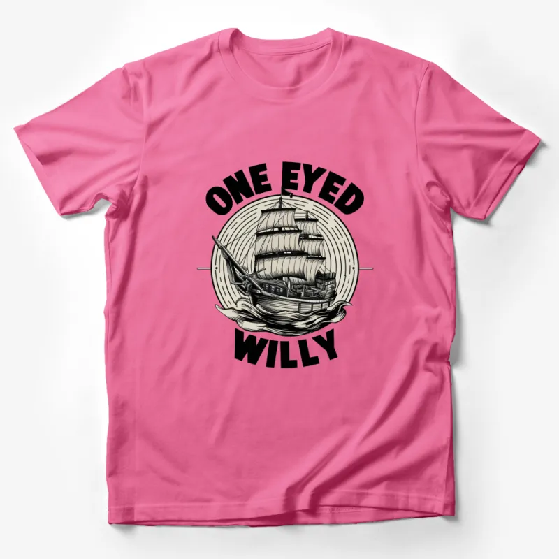 One Eyed Willy Pirate Ship Graphic T-Shirt, Vintage Nautical Black and White Tee, Unique Maritime Adventure Apparel Male T-Shirt