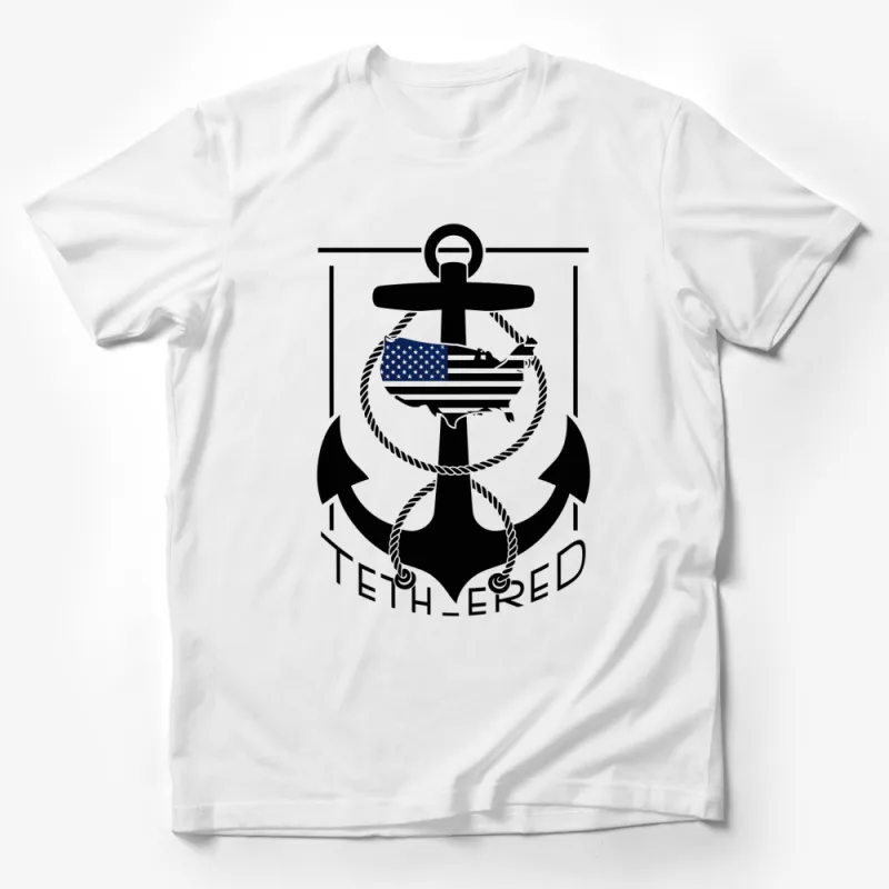 Patriotic Anchor and Boat Graphic T-Shirt, American Flag Nautical Design, Black and White Male T-Shirt