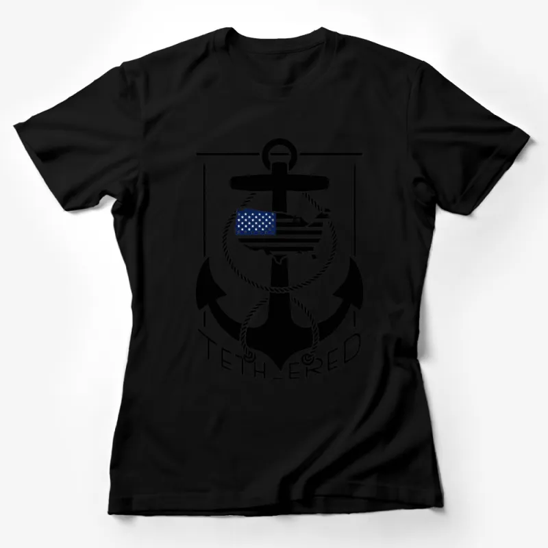 Patriotic Anchor and Boat Graphic T-Shirt, American Flag Nautical Design, Black and White Female T-Shirt