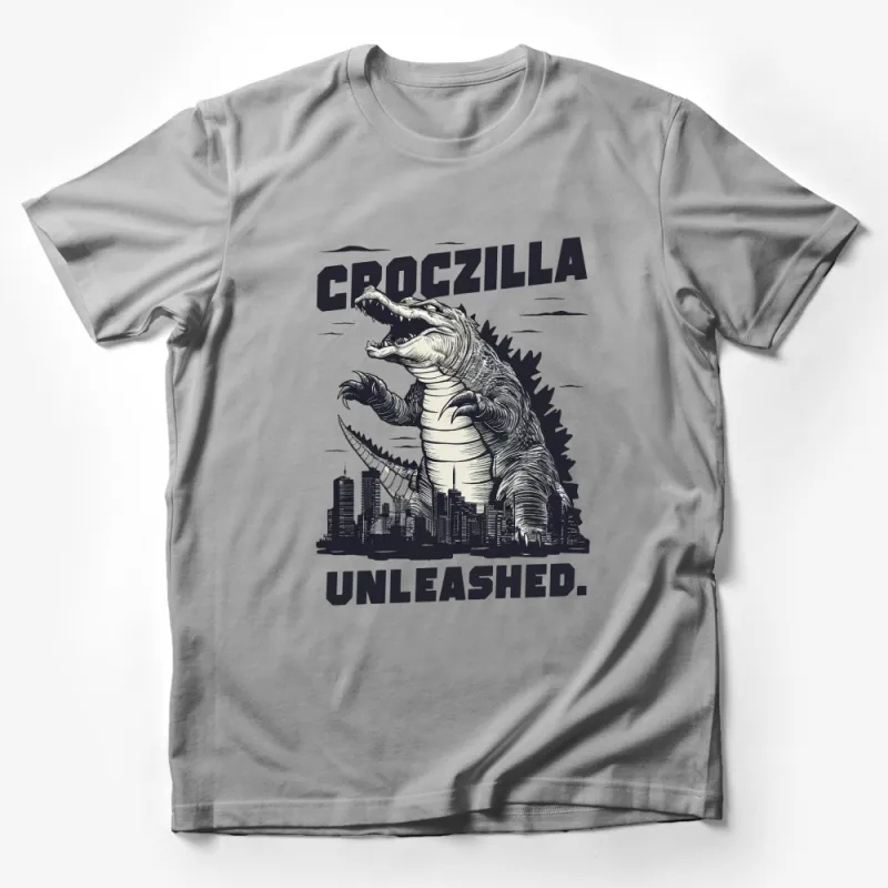 Croczilla Unleashed T-Shirt, Giant Crocodile City Rampage, Cool Monster Graphic Tee, Urban Fantasy Art Male T-Shirt