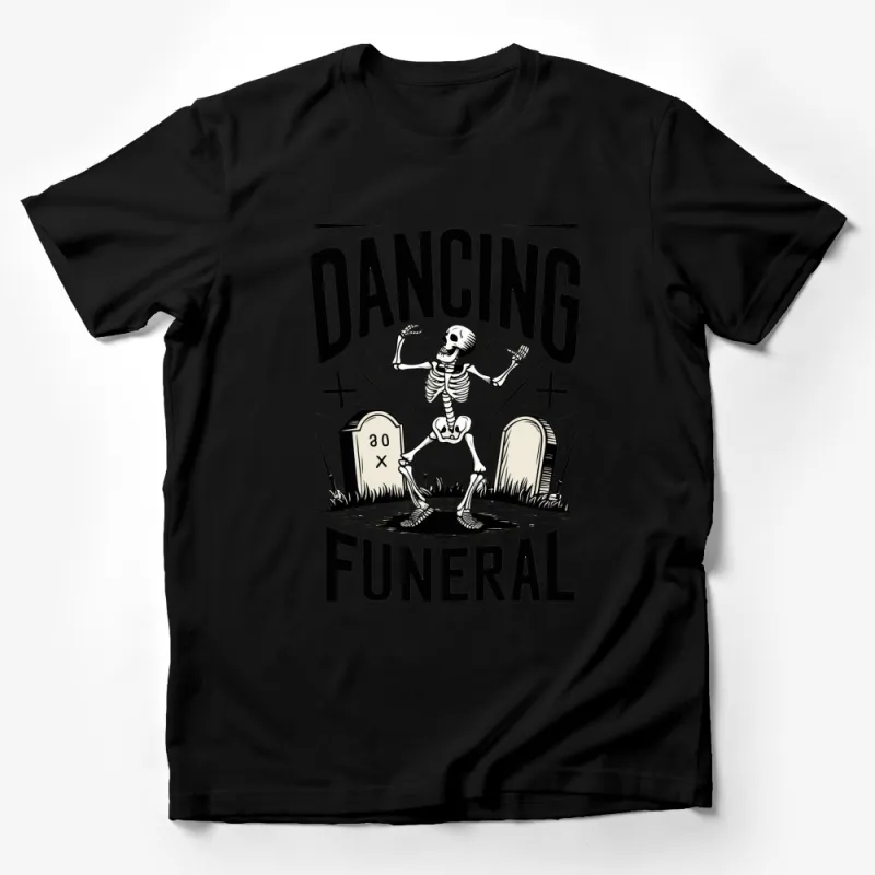 Dancing Skeleton Funeral Graphic T-Shirt, Unique Halloween Party Tee, Spooky Casual Wear Male T-Shirt