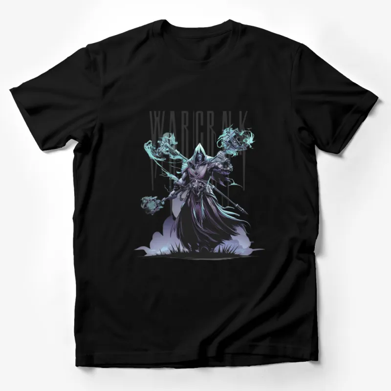 Fantasy Warlock Graphic T-Shirt, Dark Mage with Staff, Gothic Style Tee, Unisex Apparel, Game Fans, Cosplay Shirt Male T-Shirt