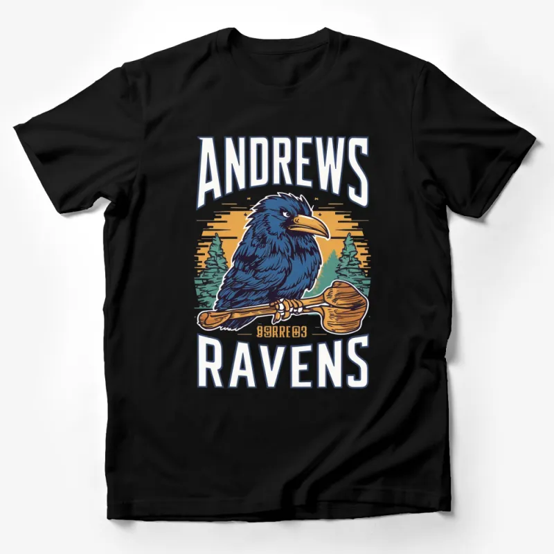 Vintage Andrews Ravens Graphic T-Shirt, Retro Raven and Trees Design, Casual Nature Inspired Tee Male T-Shirt