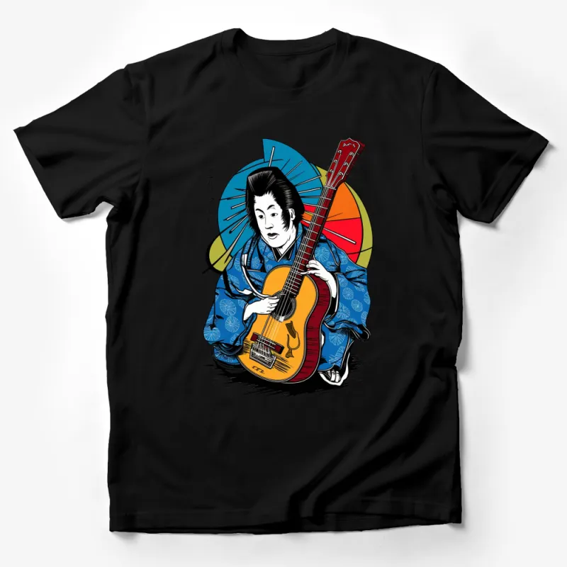 Japanese Geisha Guitarist T-Shirt, Traditional Kimono Art Tee, Colorful Unique Graphic Design Top Male T-Shirt