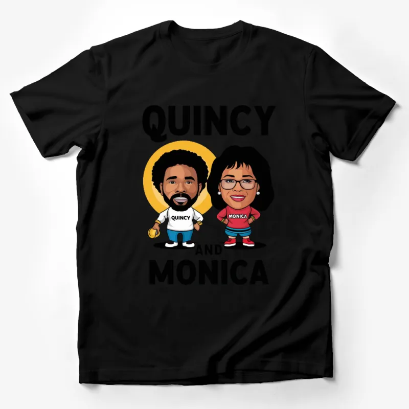 Quincy and Monica Custom Cartoon Couple T-Shirt, Personalized Name Graphic Tee, Unique Portrait Shirt, Fun Gift Idea Male T-Shirt