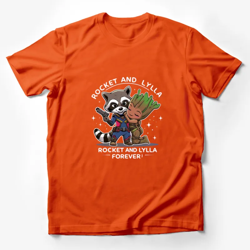 Rocket and Lylla Forever T-Shirt, Cute Superhero Style Graphic Tee, Cartoon Raccoon and Tree Character Shirt Male T-Shirt