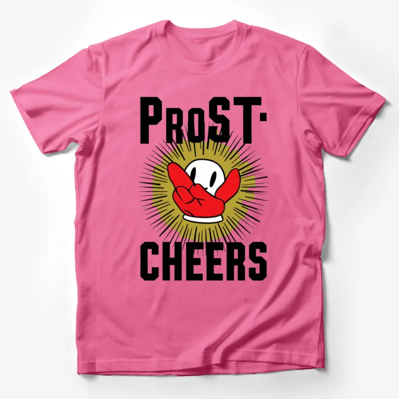 Prost Cheers Comic Hand Drinking T-Shirt, Red Gloved Hand, Fun Party Wear, Unisex Graphic Tee Male T-Shirt