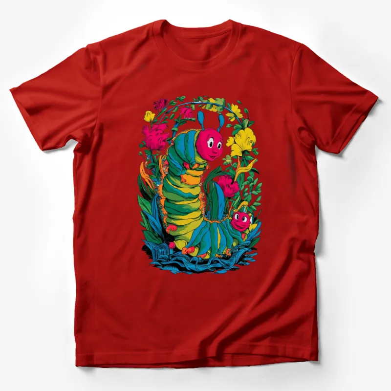 Colorful Cartoon Caterpillar and Flowers Graphic T-Shirt, Kids Nature Inspired Tee, Unisex Male T-Shirt