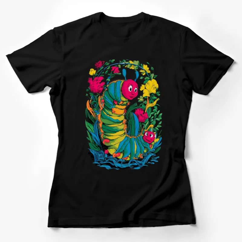 Colorful Cartoon Caterpillar and Flowers Graphic T-Shirt, Kids Nature Inspired Tee, Unisex Female T-Shirt