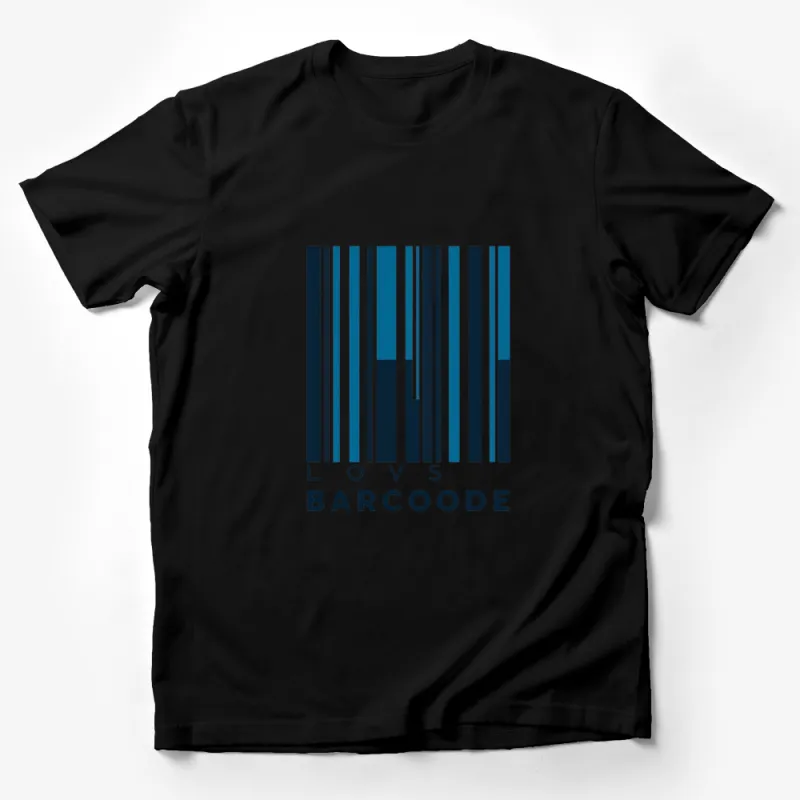 Modern Barcode Design T-Shirt, Stylish Blue and Black Graphic Tee, Unique Text Fashion Top Male T-Shirt