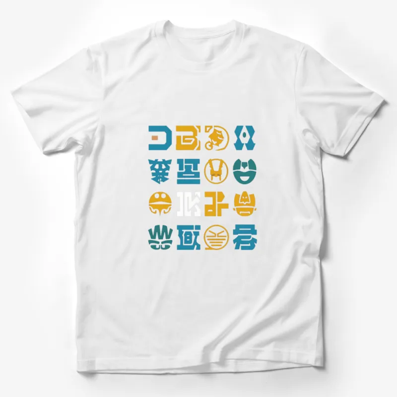 Abstract Asian Characters Graphic T-Shirt, Unisex Casual Streetwear, Unique Typography Design in Blue and Gold Male T-Shirt