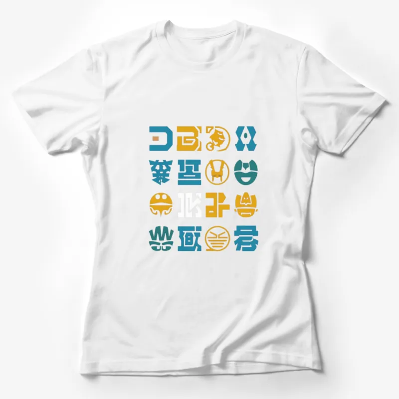 Abstract Asian Characters Graphic T-Shirt, Unisex Casual Streetwear, Unique Typography Design in Blue and Gold Female T-Shirt