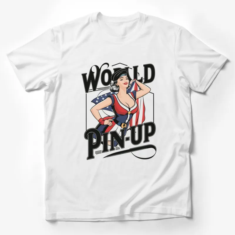 Vintage World Pin-Up Girl T-Shirt, Retro American Flag Style Graphic Tee, Patriotic Fashion Top Male T-Shirt