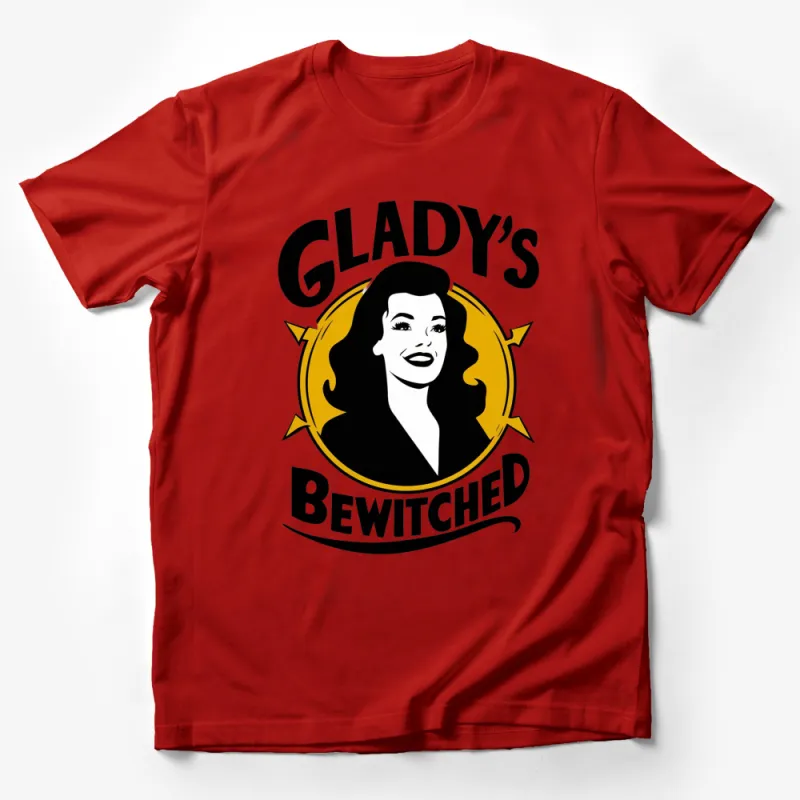 Gladys's Bewitched Retro Style T-Shirt, Vintage Pin-Up Girl Graphic Tee, Unique Fashion Top, Bold Black and Yellow Design Male T-Shirt