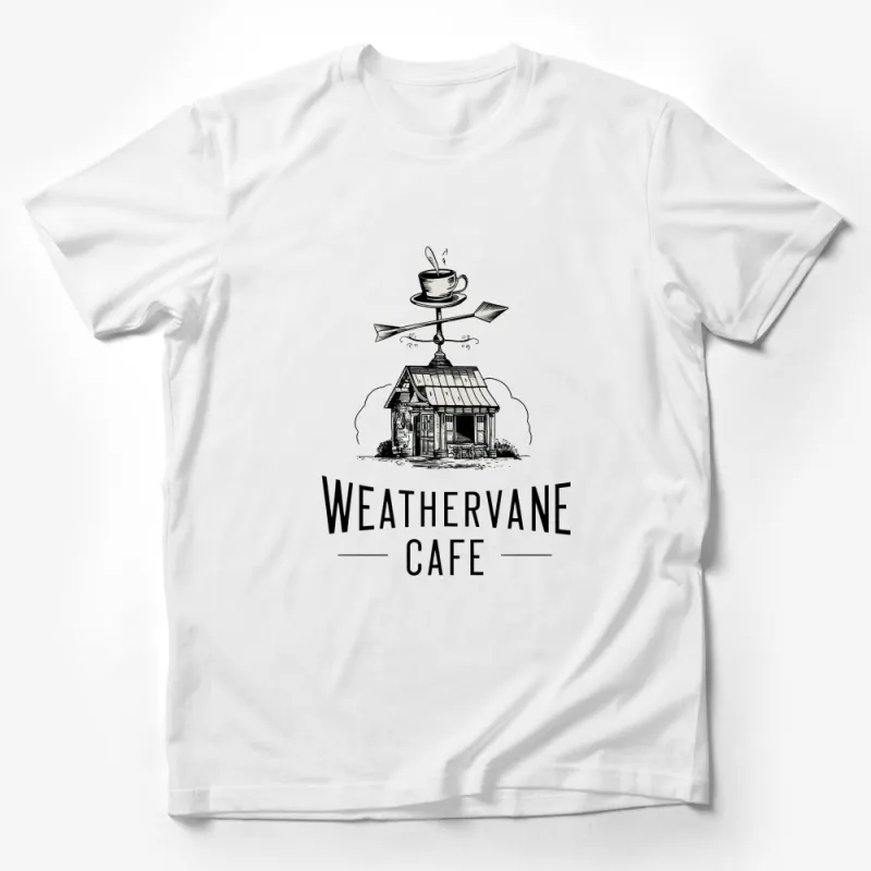 Weathervane Cafe House Illustration T-Shirt, Unique Coffee Lovers Tee, Stylish Line Art Coffee Cup Graphic Shirt Male T-Shirt