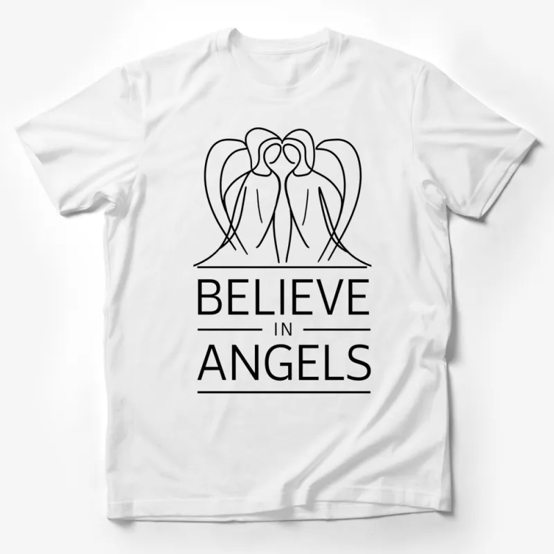 Believe in Angels Line Art T-Shirt, Minimalist Angel Graphic Tee, Inspirational Clothing Male T-Shirt