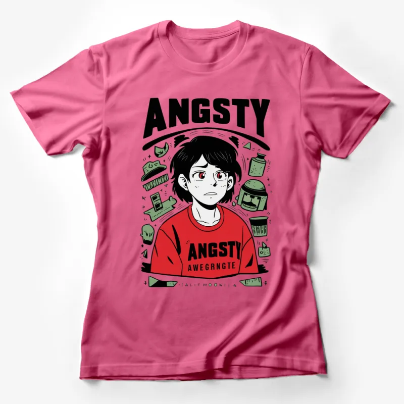 Angsty Teen Graphic T-Shirt, Bold Red Comic Style Design, Unisex Casual Wear Female T-Shirt