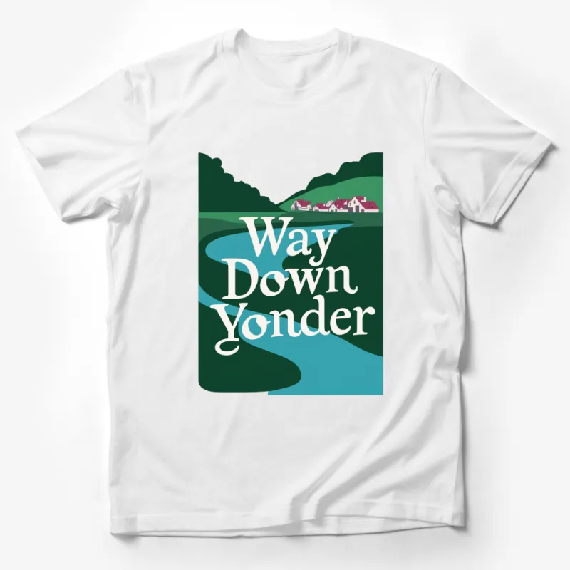 Way Down Yonder Scenic River and Village Graphic T-Shirt, Nature and Peaceful Village Scene Tee, Colorful Artistic Shirt Design Male T-Shirt