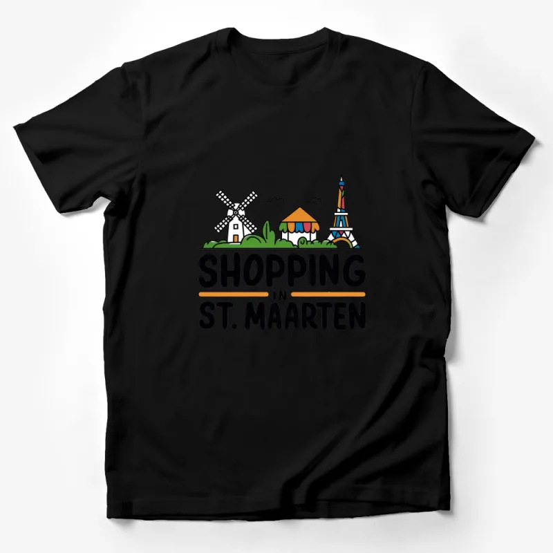 Shopping in St. Maarten T-Shirt, Vintage Travel, Windmill, Eiffel Tower Design Male T-Shirt