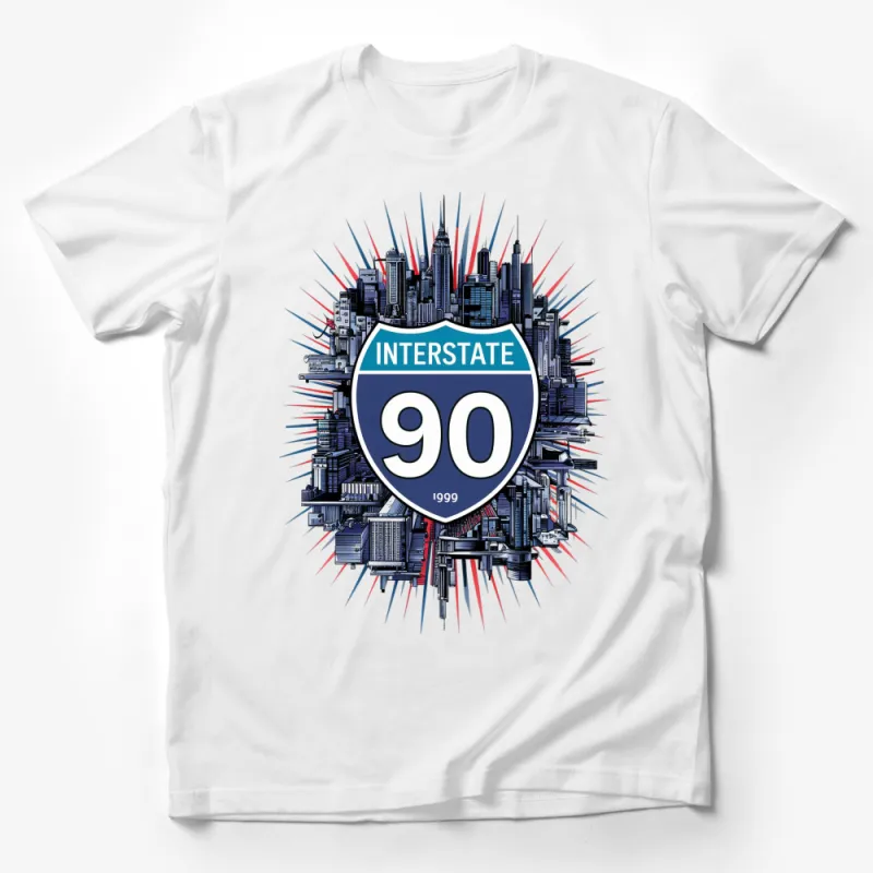 Interstate 90 Graphic T-Shirt, Urban Skyline Design, Vintage 1999 Theme Tee Male T-Shirt