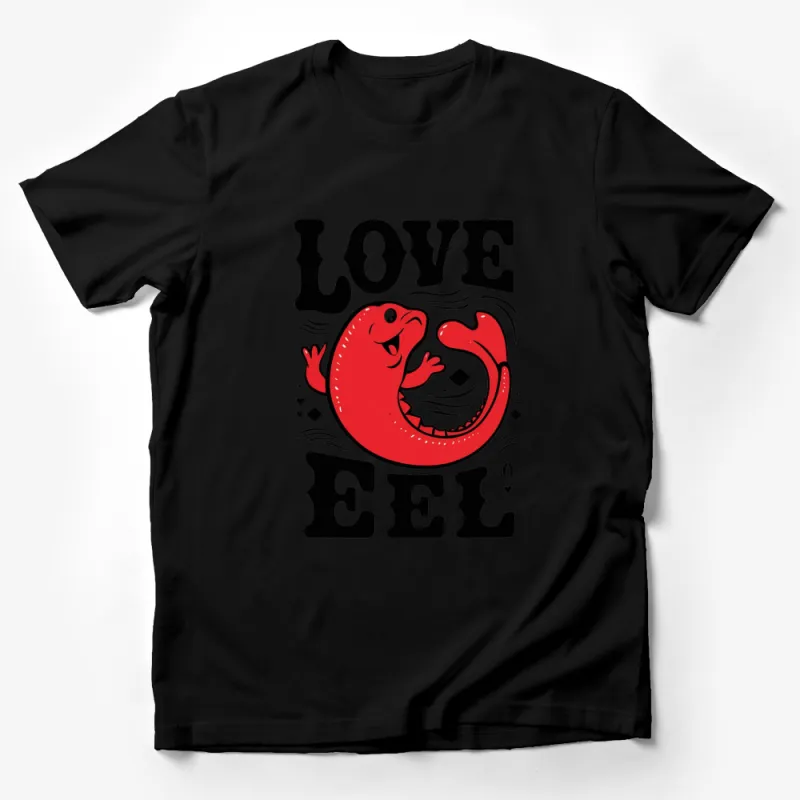 Unique Love Eel Graphic T-Shirt, Red and Black Cartoon Eel, Funny Fish Lover Tee, Unisex Male T-Shirt