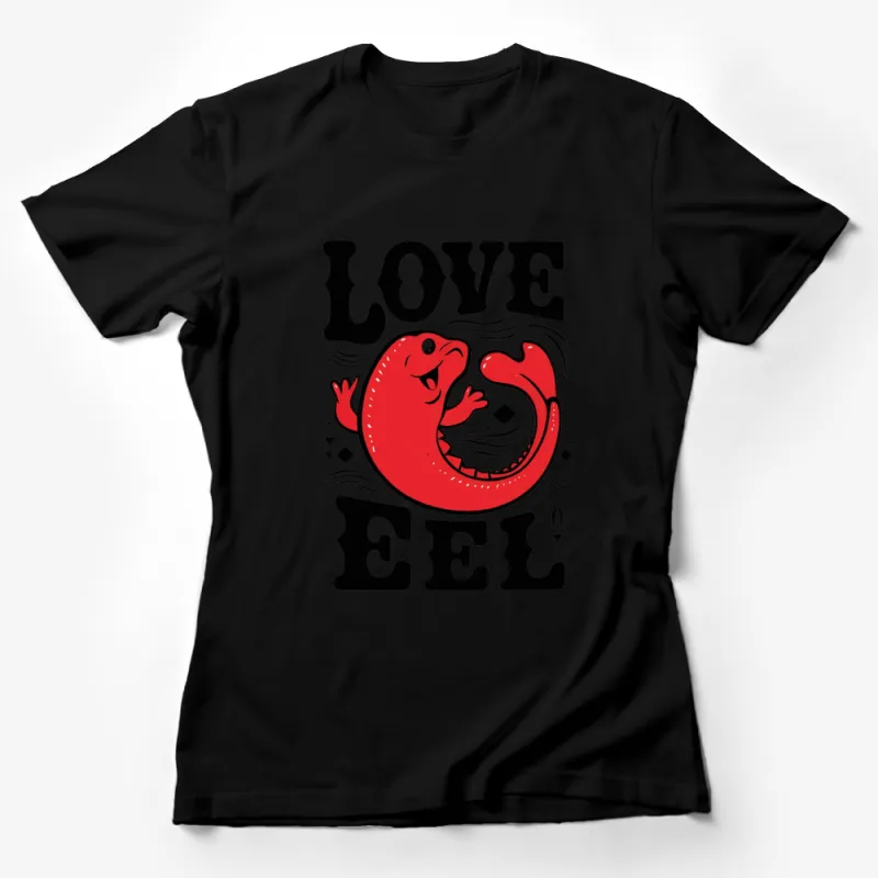 Unique Love Eel Graphic T-Shirt, Red and Black Cartoon Eel, Funny Fish Lover Tee, Unisex Female T-Shirt