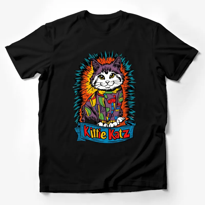 Colorful Kitty Katz Graphic T-Shirt, Vibrant Cat Illustration Tee, Unique Pet Lover Gift Male T-Shirt