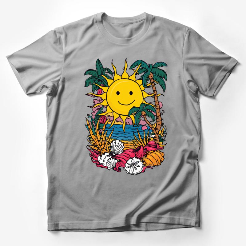 Tropical Beach Scene T-Shirt, Colorful Sun and Palms Graphic Tee, Unisex Summer Vacation Shirt, Ocean Vibes Casual Wear for All Male T-Shirt