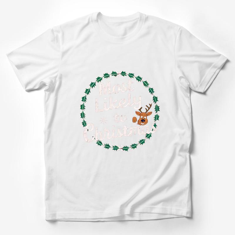 Festive Reindeer Christmas T-Shirt, Holiday Casual Wear, Most Likely to Christmas Top, Winter Apparel, Unisex Tee, Xmas Party Outfit Male T-Shirt