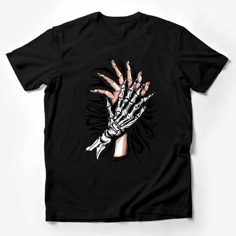 Gothic Skeleton Hands T-Shirt, Edgy Punk Bones Graphic Tee, Unisex Horror Apparel, Halloween Style Top, Unique Gift Male T-Shirt