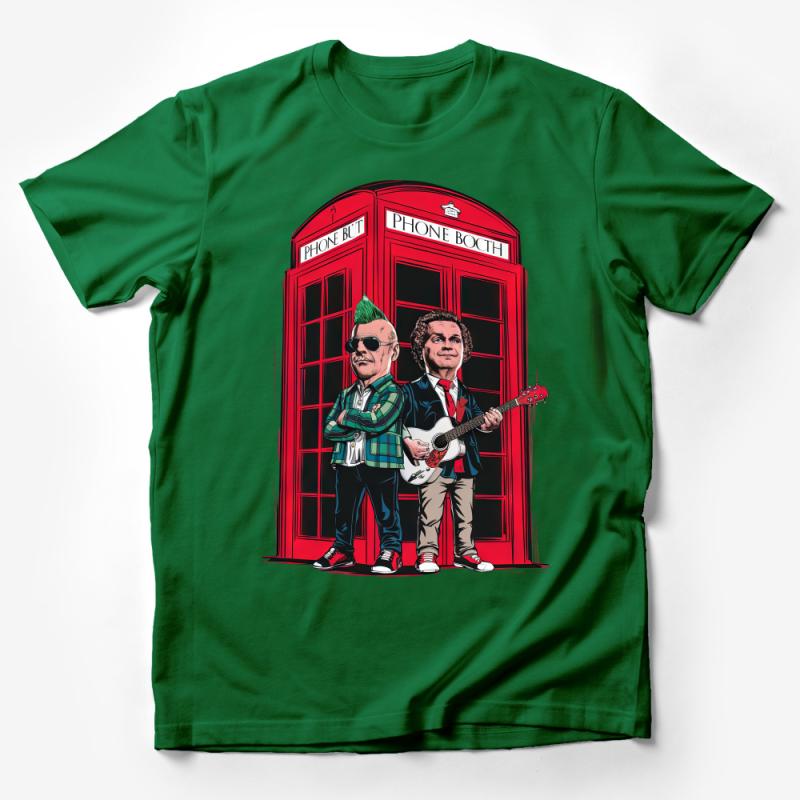 Unique Music Duo Cartoon T-Shirt, Red Phone Booth Graphic Tee, Punk Rock Style Shirt, Cool Band Illustration Top, Music Fans Apparel Male T-Shirt