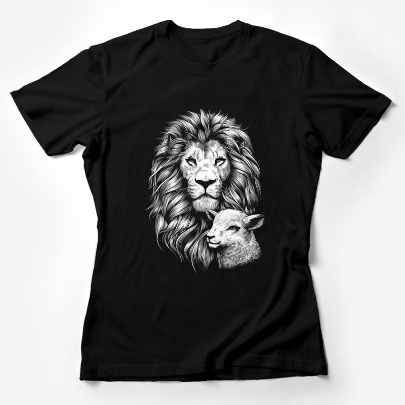 Majestic Lion and Gentle Lamb Black and White Illustrated T-Shirt Design Female T-Shirt