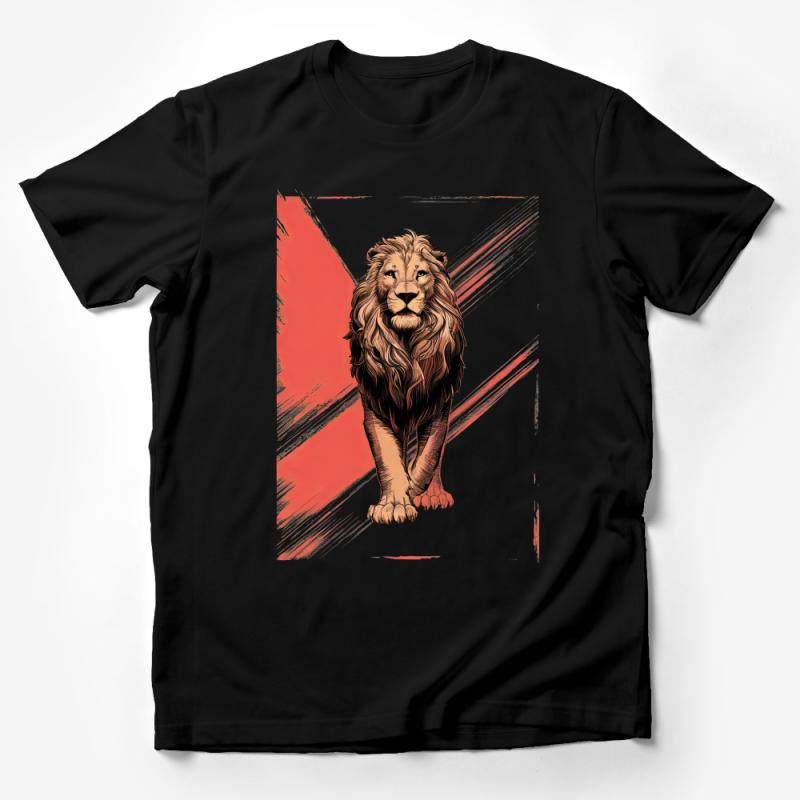 Majestic Lion Graphic Tee Shirt, Bold Red and White Stripes, Unisex Animal Print Top Male T-Shirt