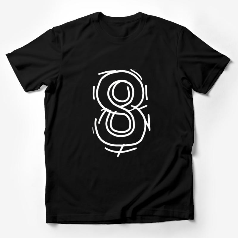 Abstract White Line Art Design on Black T-Shirt, Unique Geometric Number 8 Illustration Male T-Shirt