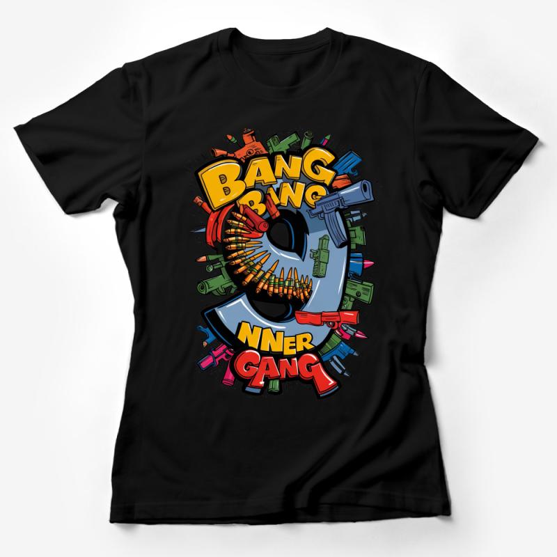 Colorful Comic Bang Bing Banner Gang T-Shirt, Vibrant Cartoon Graphics Tee, Unisex Pop Art Style Shirt, Explosion Illustration Female T-Shirt