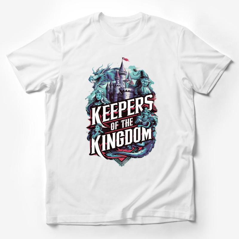 Fantasy Castle T-Shirt, Keepers of the Kingdom Graphic Tee, Medieval Wizards and Dragons Unisex Apparel Male T-Shirt