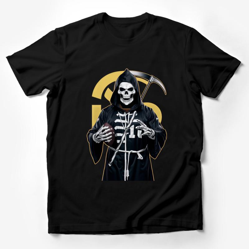 Grim Reaper Football Fan T-Shirt, Spooky Sports Lover Tee, Unisex Skeleton Halloween Design, Casual Fantasy Football Apparel Male T-Shirt