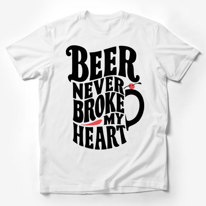 Beer Lover Graphic Tee, Unisex T-shirt with Saying, Beer Never Broke My Heart, Casual Black and Red Shirt, Gift for Beer Enthusiast Male T-Shirt