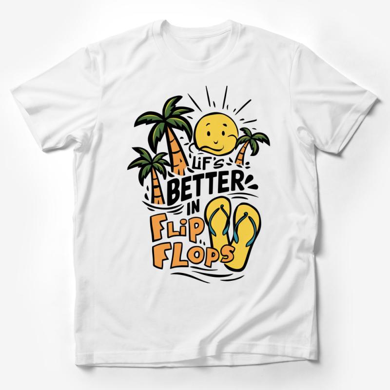 Fun Beach T-Shirt, Life's Better in Flip Flops, Summer Vacation Tee, Tropical Sun Design, Palm Trees, Unisex Graphic Shirt Male T-Shirt