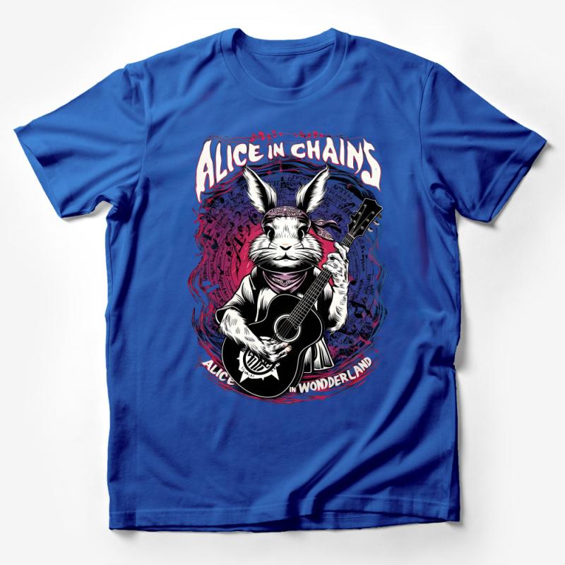 Unique Rabbit Guitarist T-Shirt, Alice in Wonderland Inspired, Rock Band Fan Tee, Unisex Graphic Shirt, Cool Music Themed Apparel Male T-Shirt