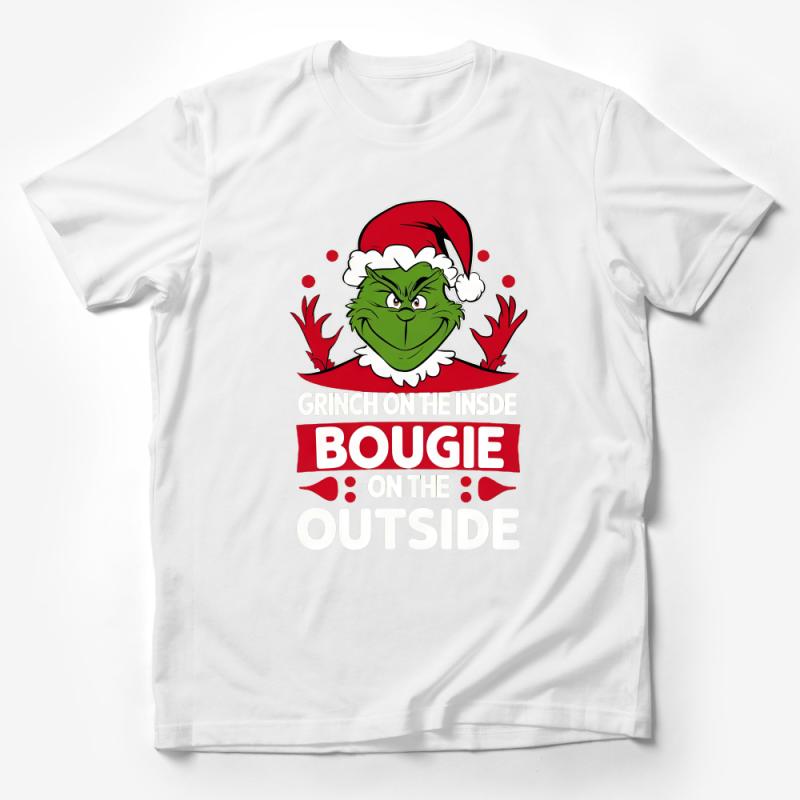 Festive Grinch Themed T-Shirt, Bougie on the Outside Christmas Tee, Holiday Humor Apparel, Unisex Adult Clothing Male T-Shirt