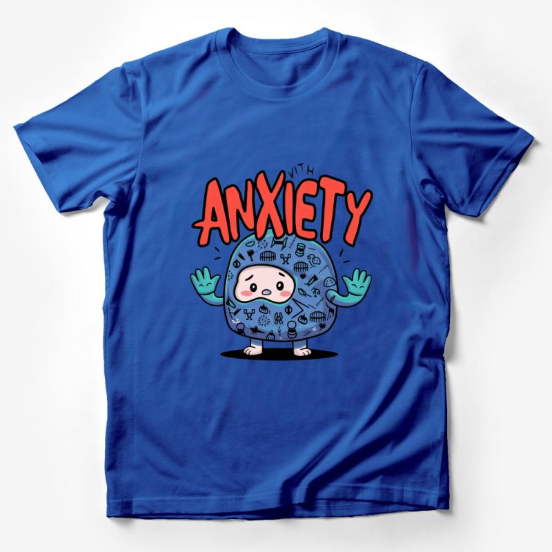 Cute Anxiety Awareness Cartoon T-Shirt, Mental Health Support Tee, Unisex Adults and Teens, Colorful Anxiety Graphic Shirt Male T-Shirt