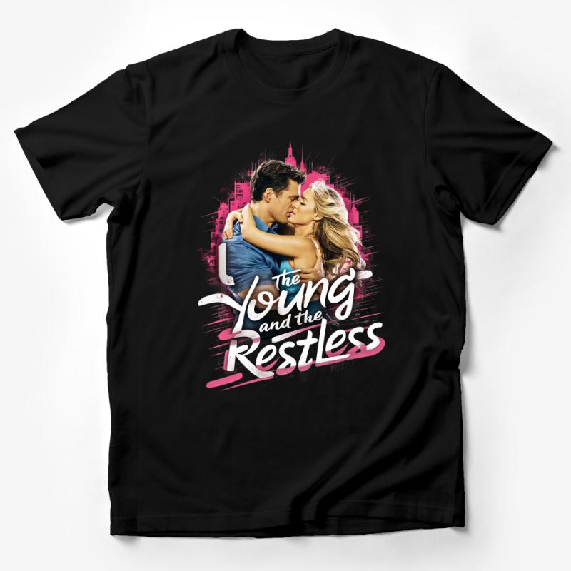 Urban Romance Drama T-Shirt, The Young and The Restless Inspired, Couple Embrace Tee, City Skyline Graphic Top, Fashion Apparel Male T-Shirt